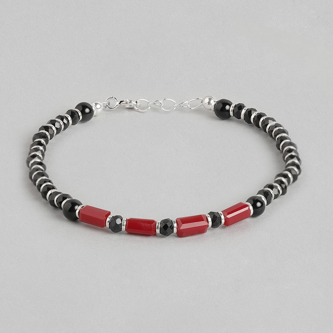 Black & Red Long Beads 925 Sterling Silver Bracelet