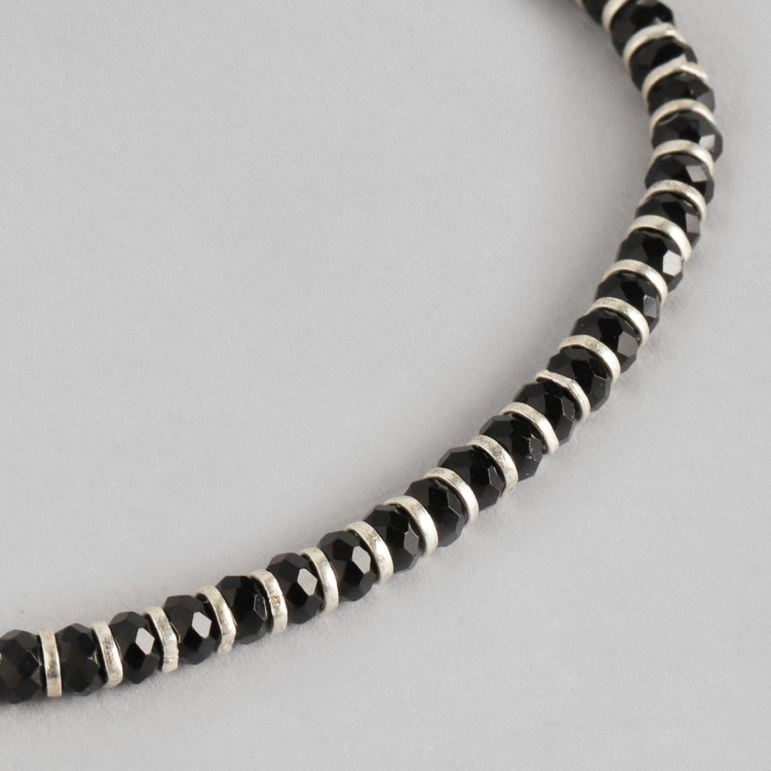Black Bead Charm 925 Silver Bracelet in Silver Chain