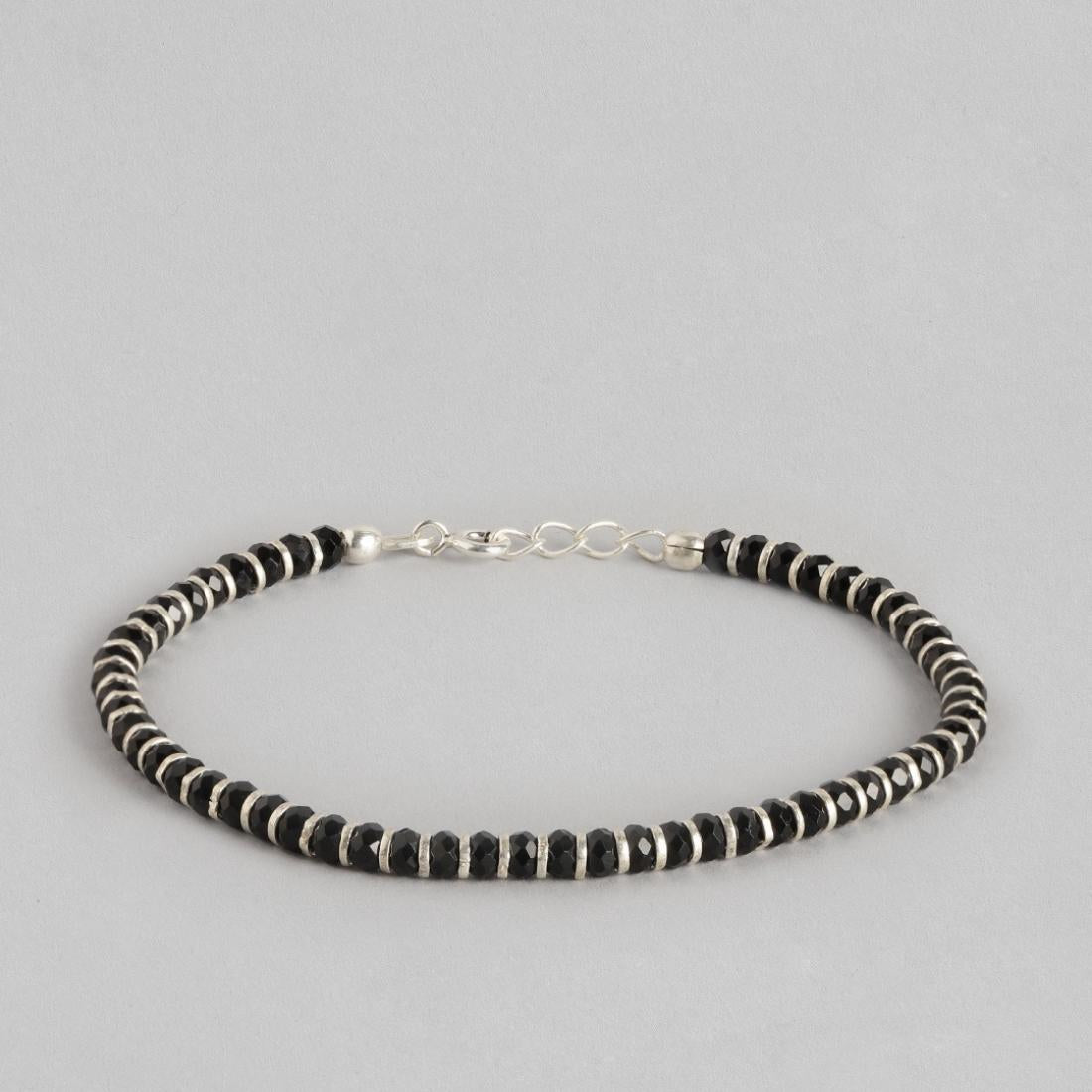Black Bead Charm 925 Silver Bracelet in Silver Chain