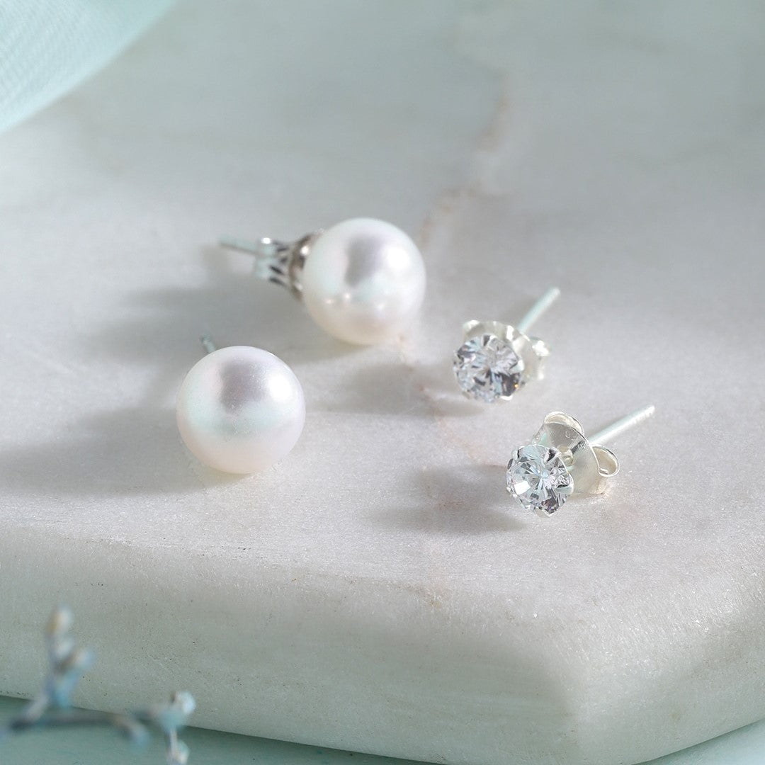 Pearl-CZ Rhodium Plated 925 Sterling Silver Studs Combo