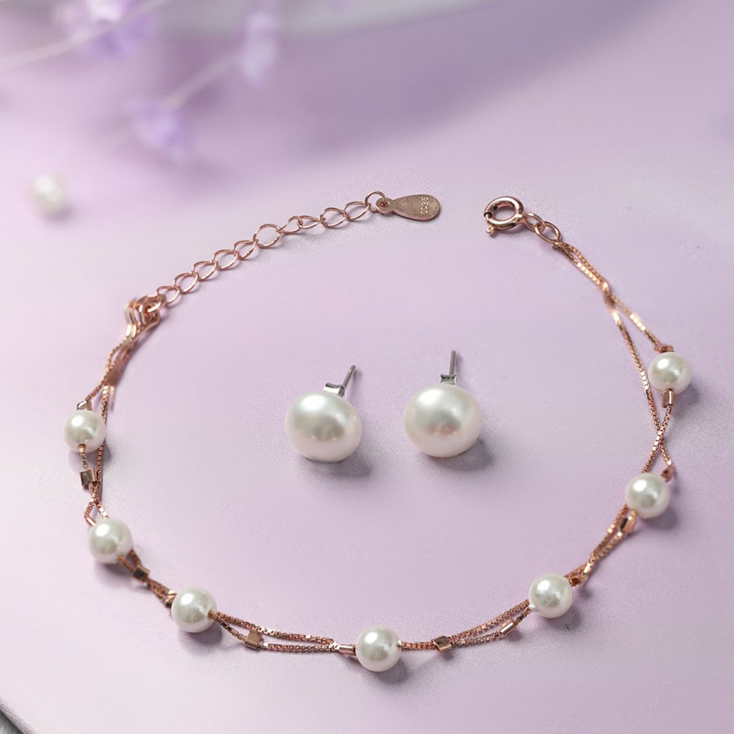 Victoria Freshwater Pearl 925 Silver Bracelet and Earrings Set in Rose Gold