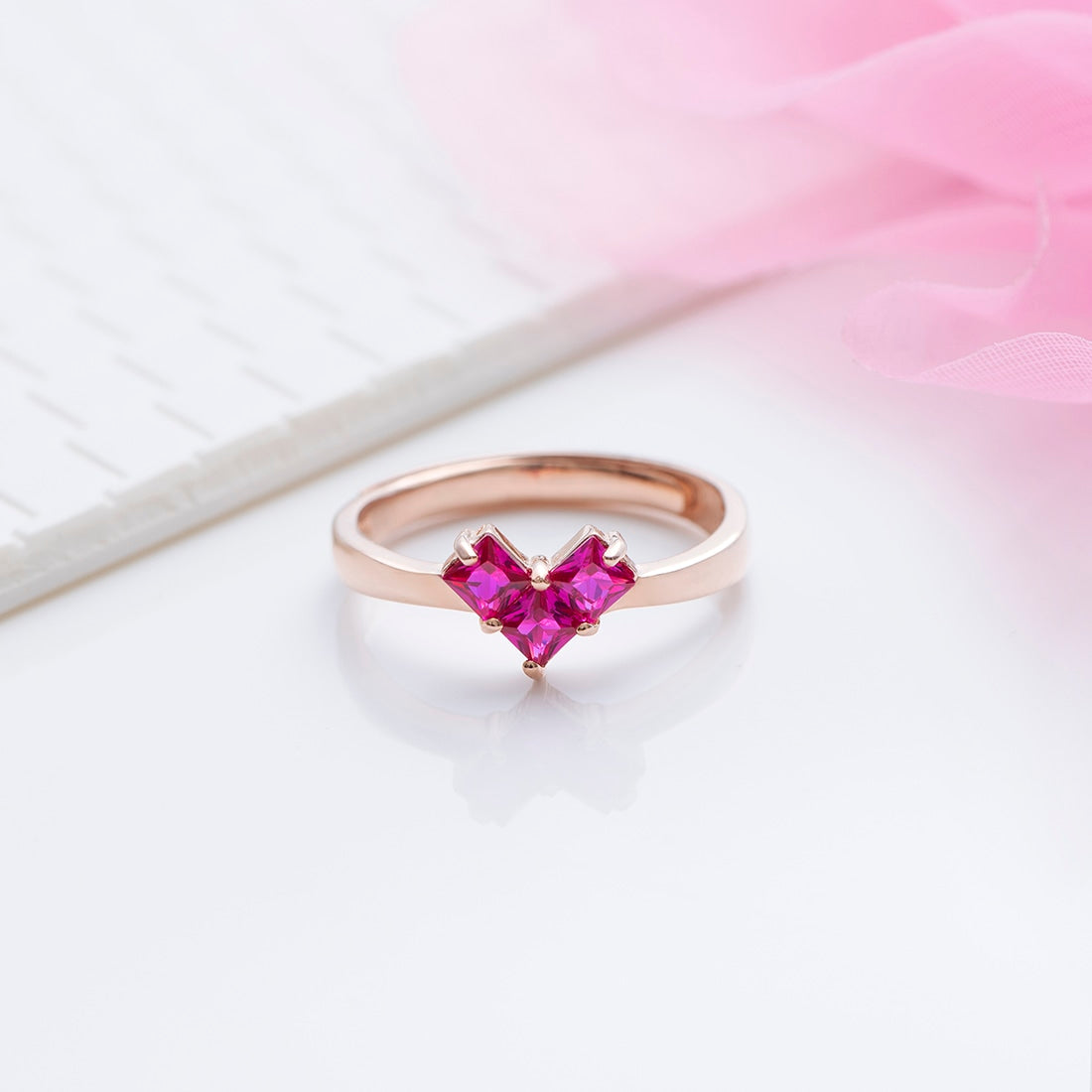 Ruby Heart Rose-Gold Plated 925 Sterling Silver Ring for Women (Adjustable)
