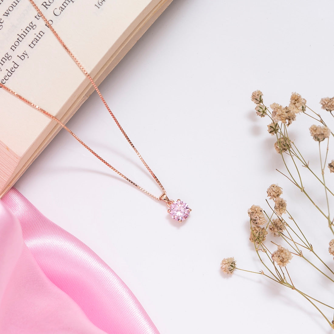 Pink Solitaire Rose Gold Plated 925 Silver Pendant with Chain