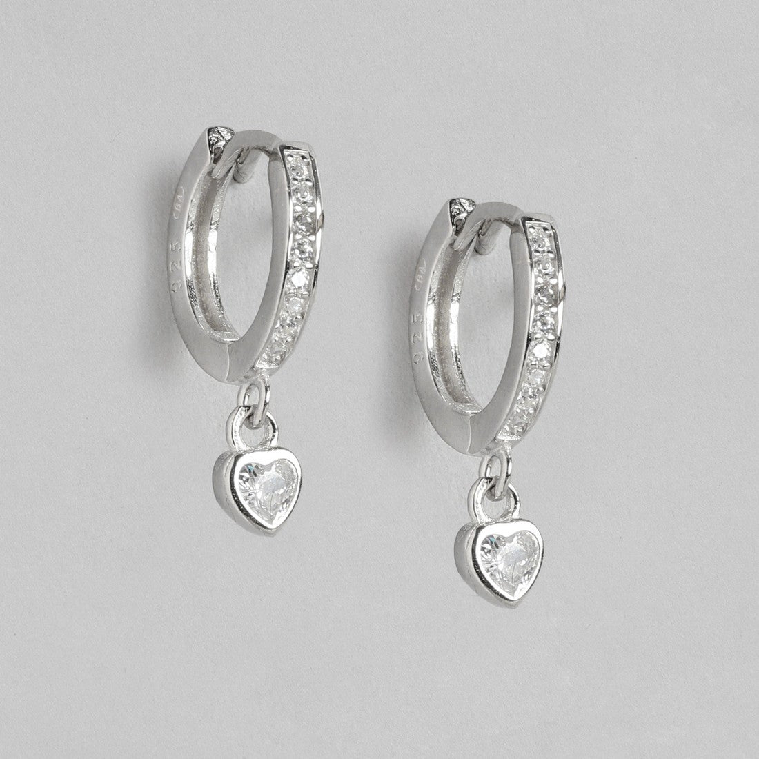 Heart Solitaire Drop Huggie 925 Silver Earrings