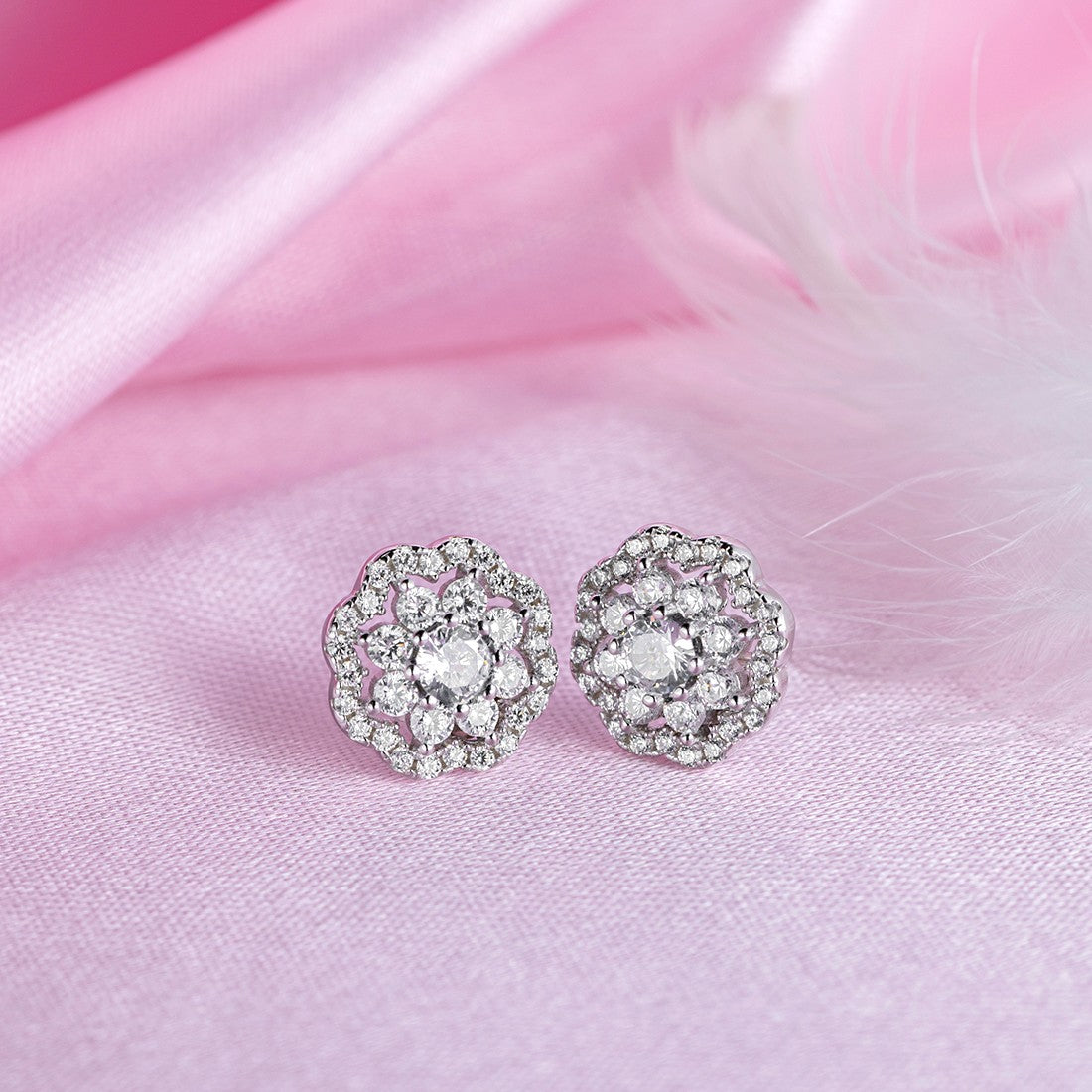 CZ Studded Floral 925 Sterling Silver Stud Earrings