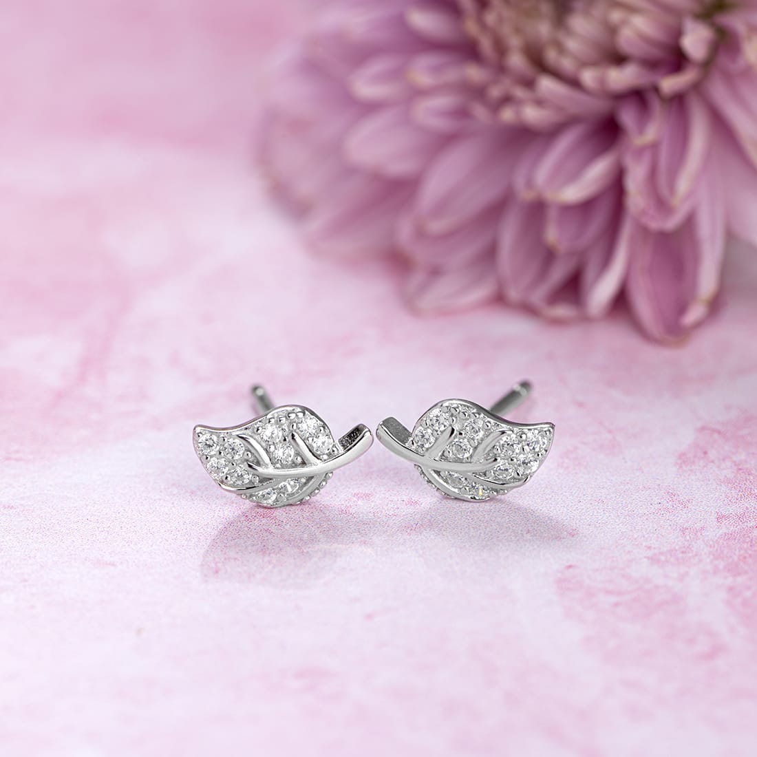 Leafy Studded Rhodium Plated 925 Sterling Silver Stud