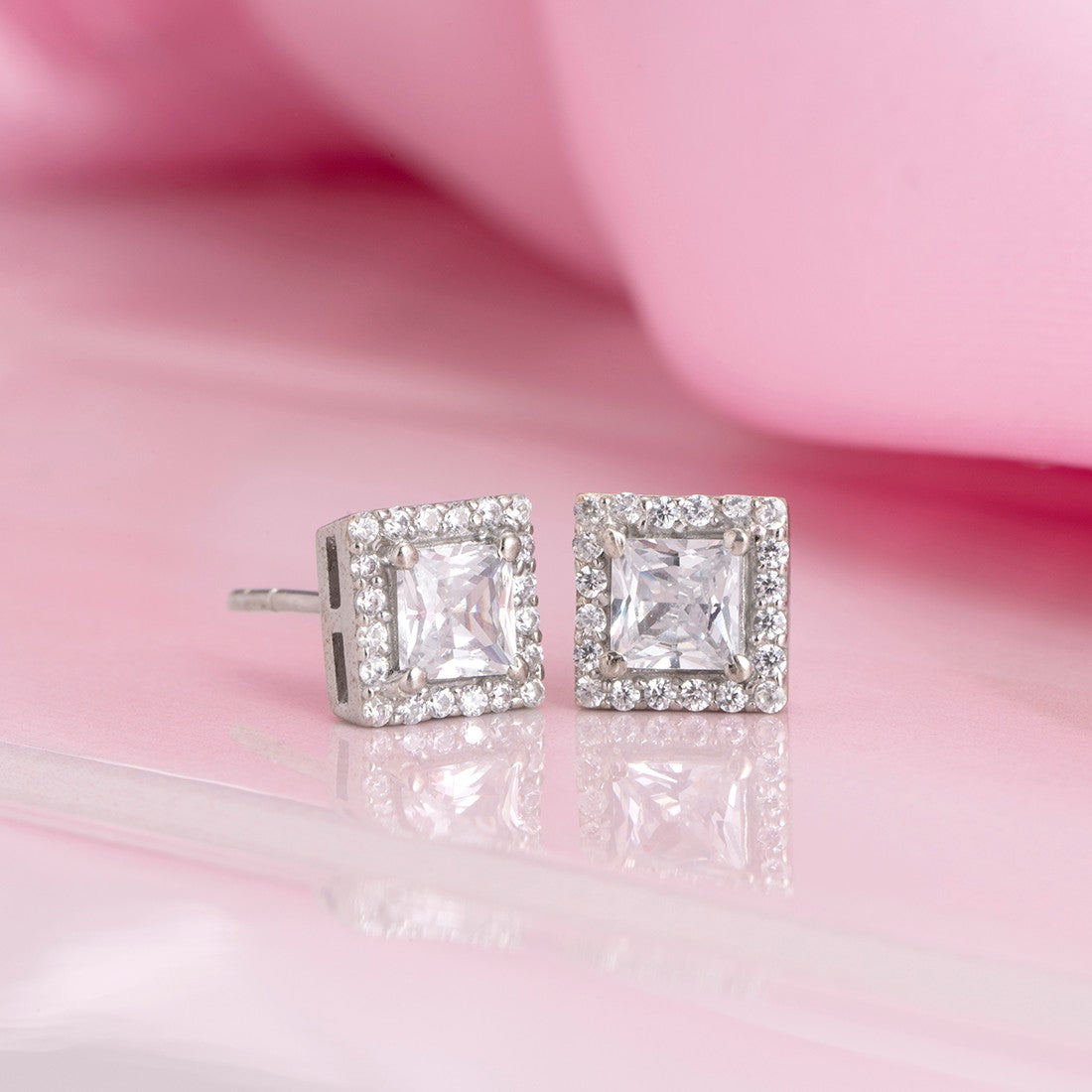 CZ Studded Rhodium Plated 925 Sterling Silver Studs