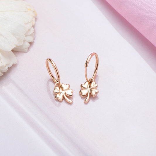Cutest Quadrifoliate Leaf Rose Gold Plated 925 Silver Hoop Earrings