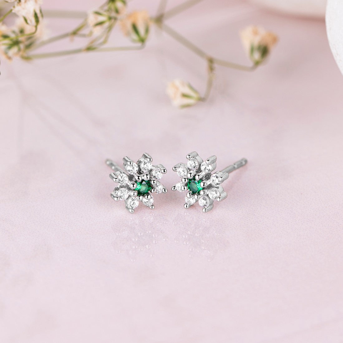Green Stone CZ Star Rhodium Plated 925 Sterling Silver Studs