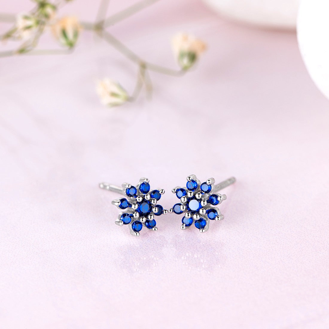 Blue Stones Star Rhodium Plated 925 Sterling Silver Stud