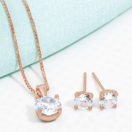 Sensational Solitaire Rose Gold Plated 925 Silver Jewellery Set