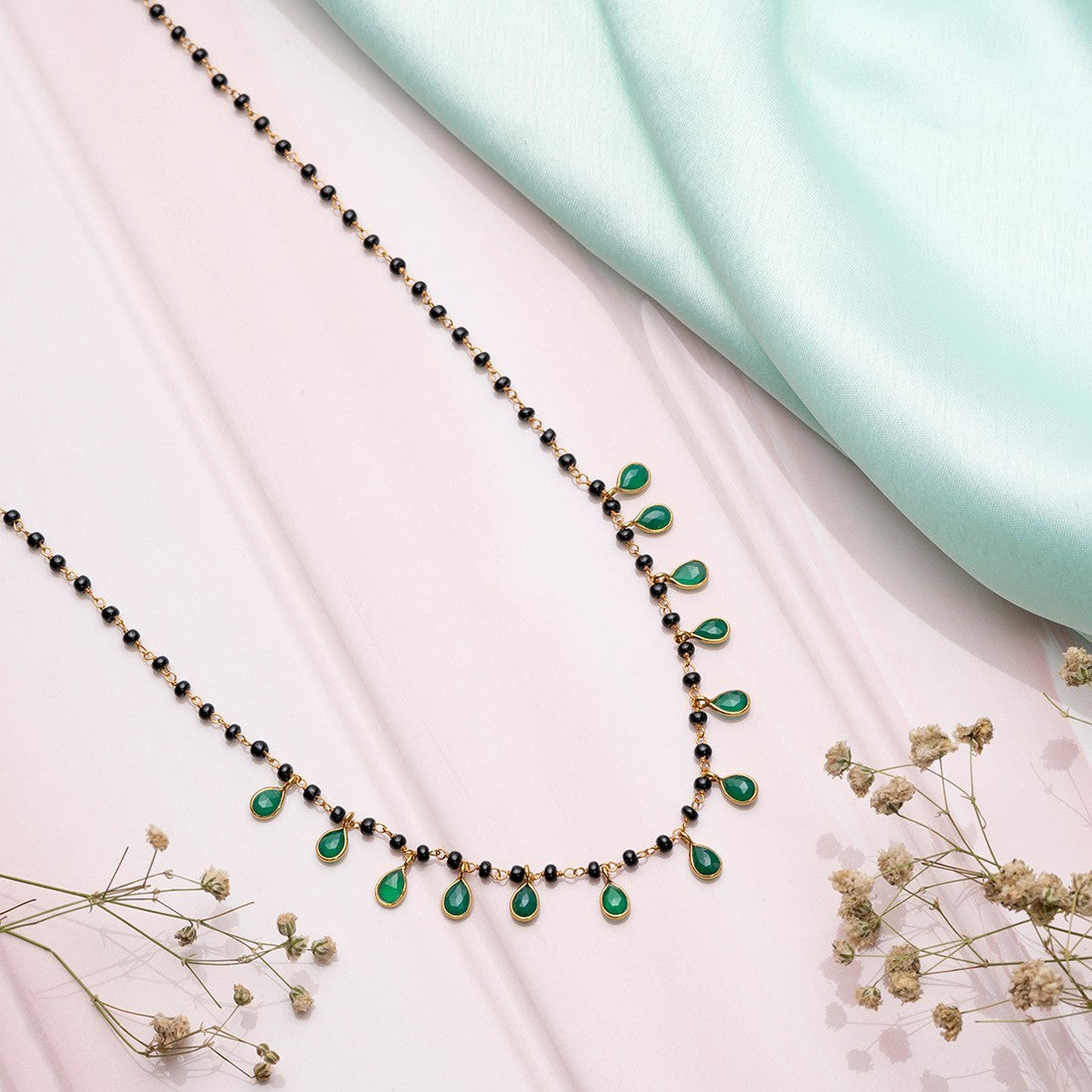Green Drop CZ With Beaded Chain 925 Sterling Silver Mangalsutra