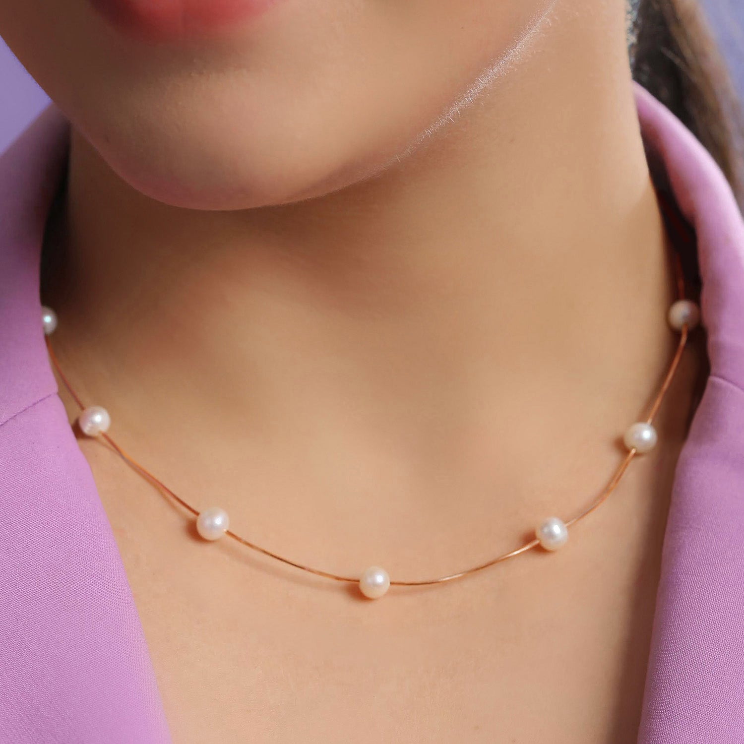 Elegant Snake Chain Pearl 925 Silver Necklace in Rose Gold