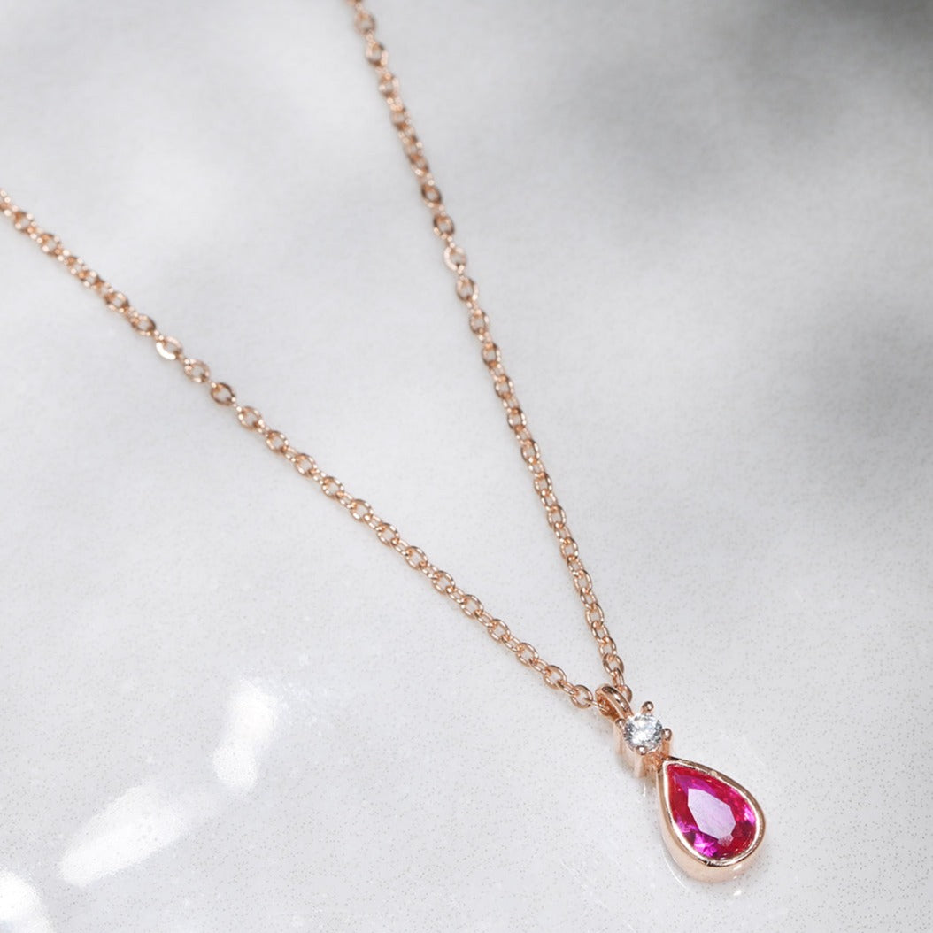 Ruby Tear Drop Rose Gold Plated 925 Sterling Silver Necklace
