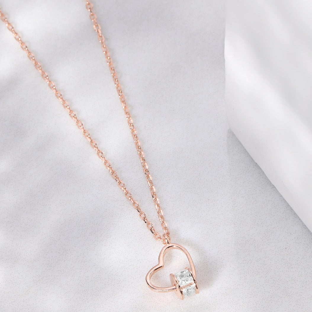 Heart & Stone Rose Gold Plated 925 Sterling Silver Necklace