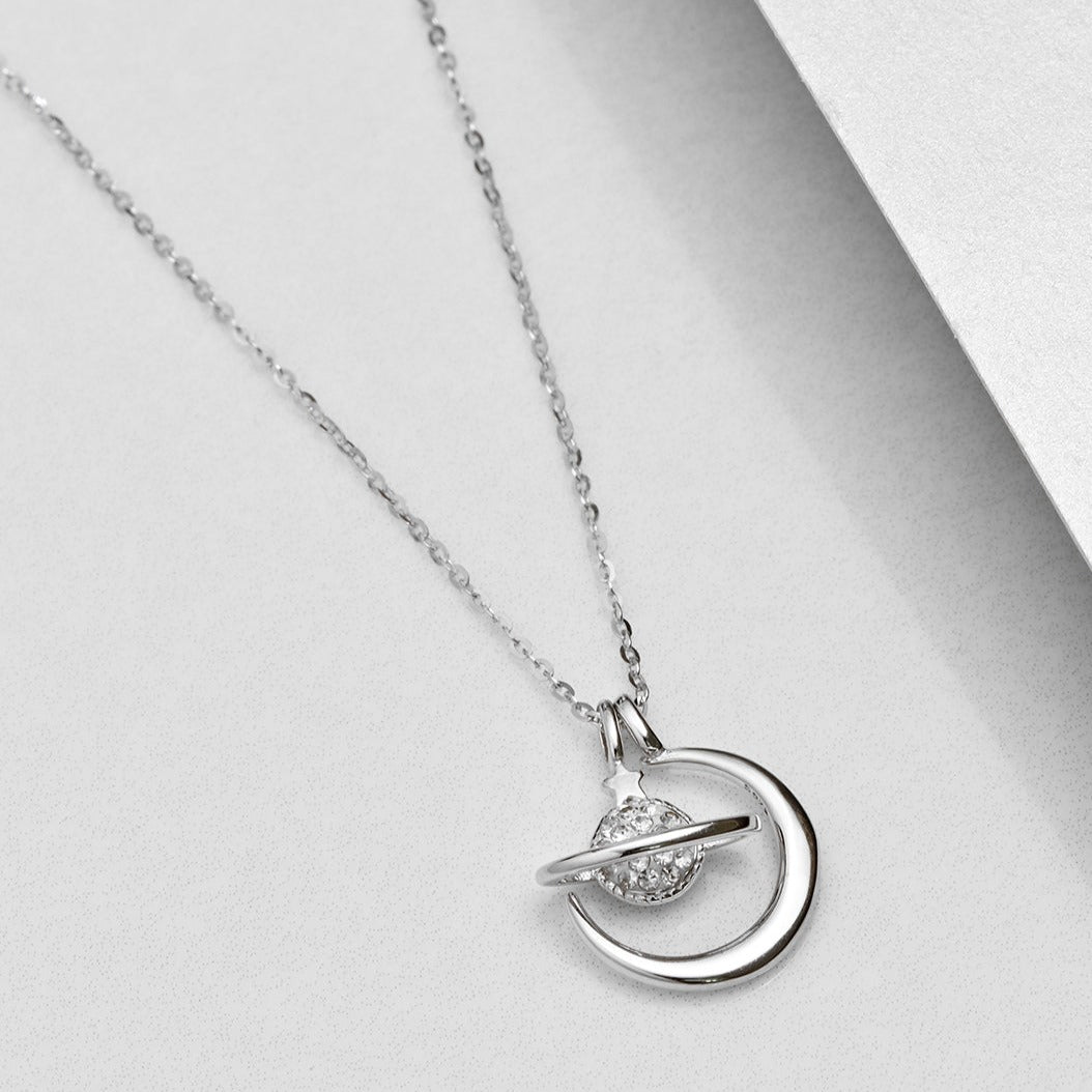 Saturn & Moon 925 Sterling Silver Necklace
