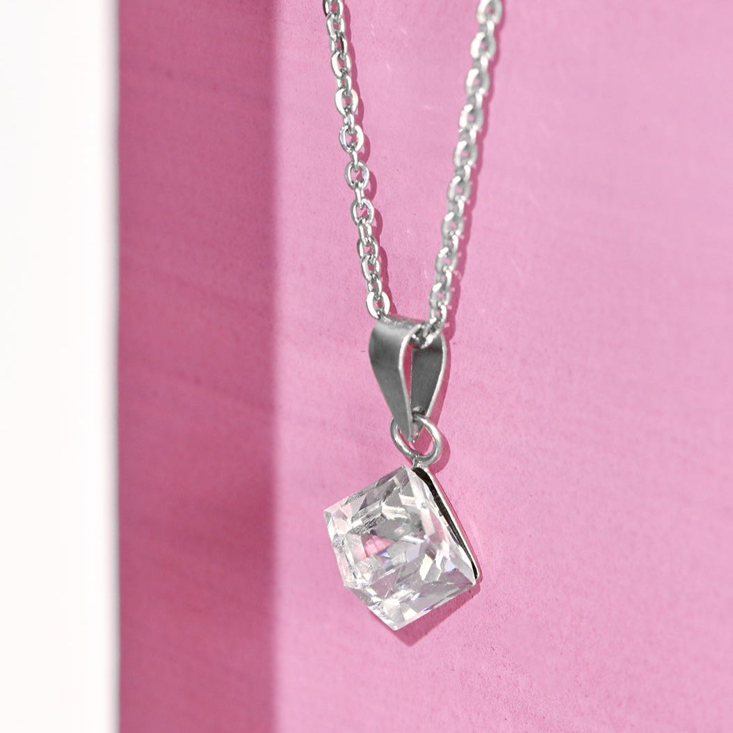 White Solitaire Cube 925 Sterling Silver CZ Necklace