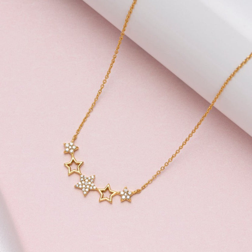 Golden Star Studded With CZ 925 Sterling Silver Necklace