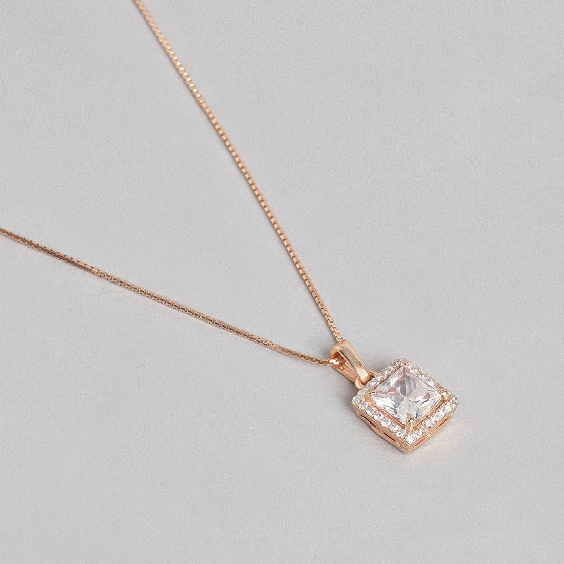 Square Solitaire Rose Gold Plated 925 Sterling Silver Pendant with Chain
