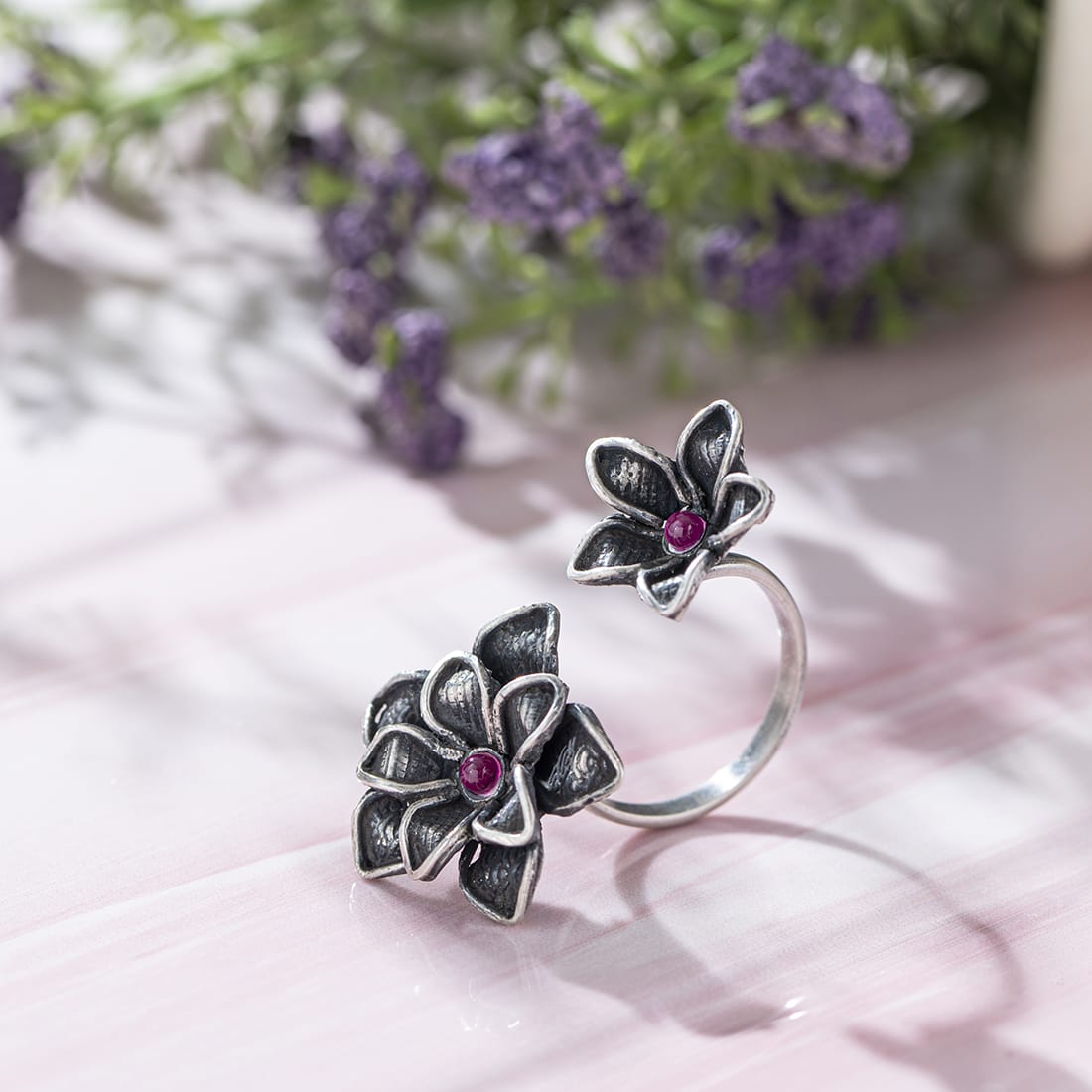 Duo Flower Oxidised 925 Sterling Silver Ring for Women (Adjustable)