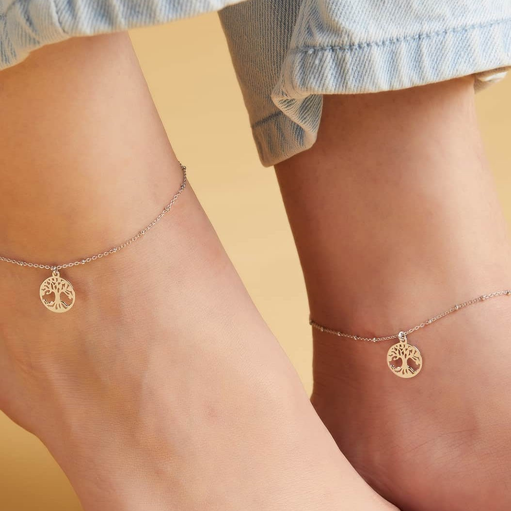 Tree of Life Rhodium Plated 925 Sterling Silver Anklets