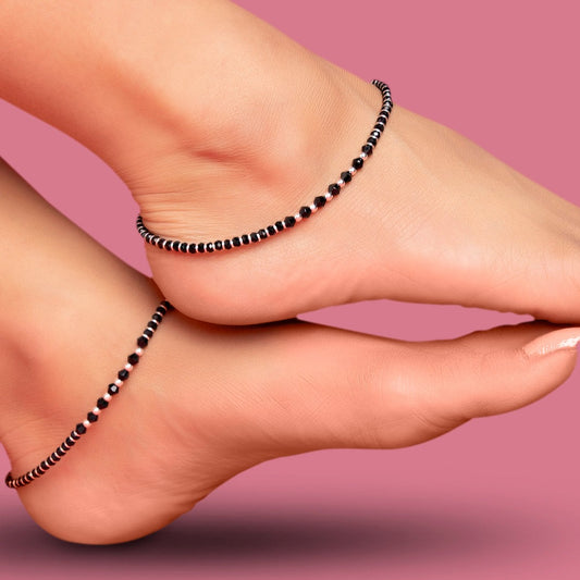 Black & White Beaded Stone 925 Sterling Silver Anklet