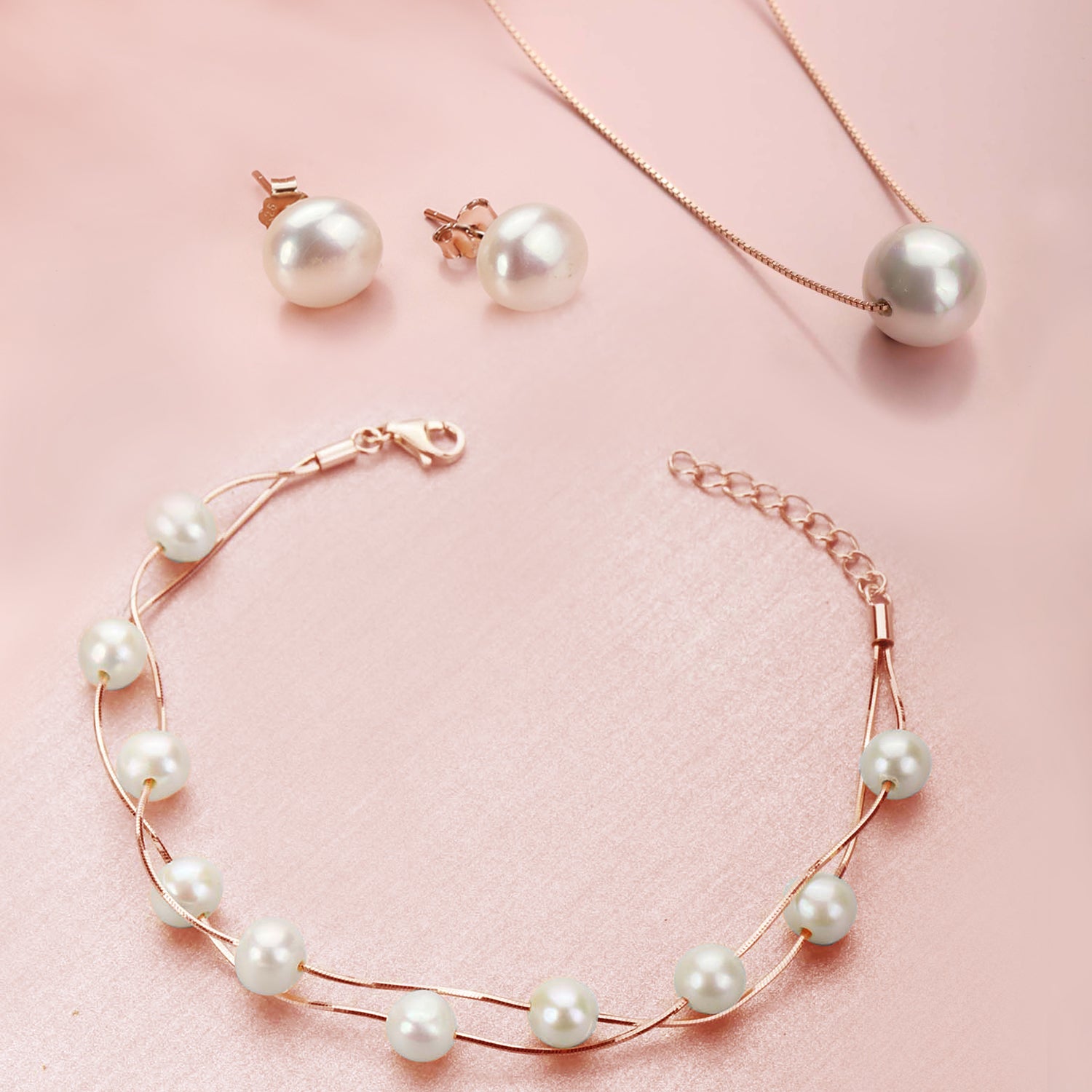 Rose Gold Plated Freshwater Pearl 925 Silver Jewellery Set Trio